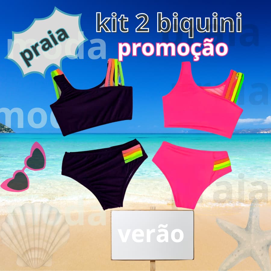 KIT 2 Biquíni Infantil Juvenil Feminino Duplo – NEON Vibrante Moda Praia Piscina 6 a 16 Colorido Menina