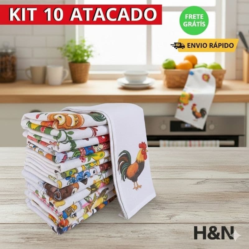 Kit 10 Panos de Prato Algodão Estampados | Super Absorventes para Cozinha e Limpeza