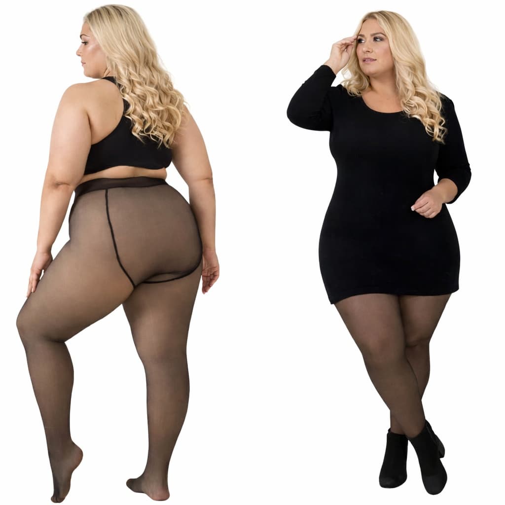 Meia Calça Térmica Plus Size Peluciada Translúcida Preta com Forro Nude Inverno de Lã Elástica Slim