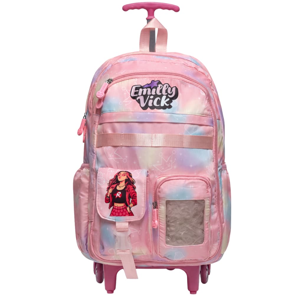Mochila Escolar com Rodinhas Emily Vick Infantil Feminina com Bolsos e Alça Regulável