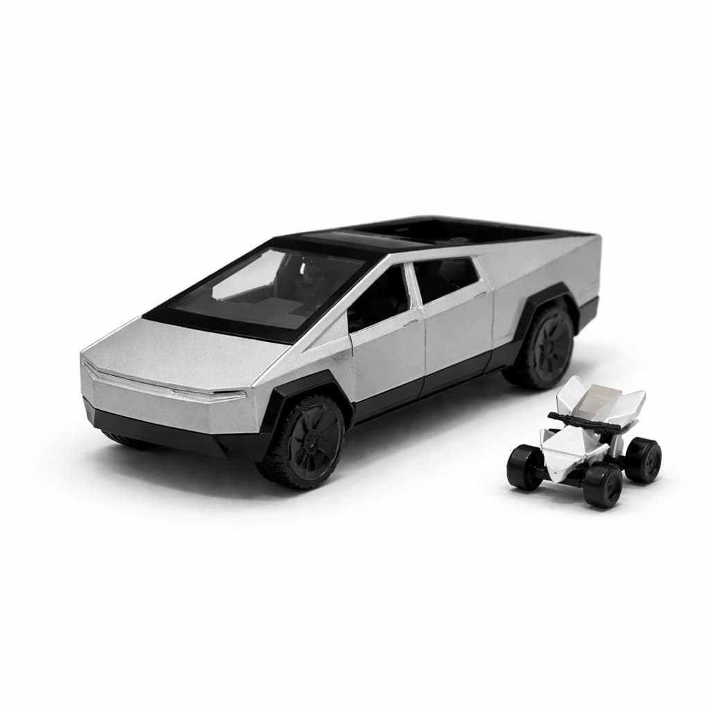 Miniatura Cybertruck Futurista e Mini Quadriciclo Escala 1:36 Metal Fricção Abre Portas Colecionável