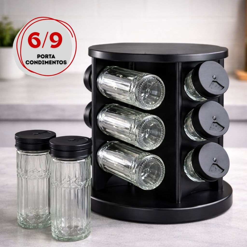 Porta Temperos Profissional Giratório 9 Potes Vidro Tampa Dosadora Condimentoss