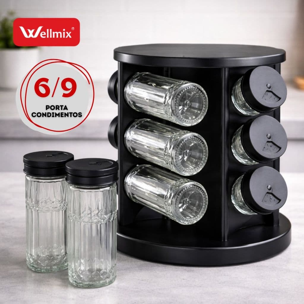 Porta Temperos Profissional Giratório 9 Potes Vidro Tampa Dosadora Condimentos