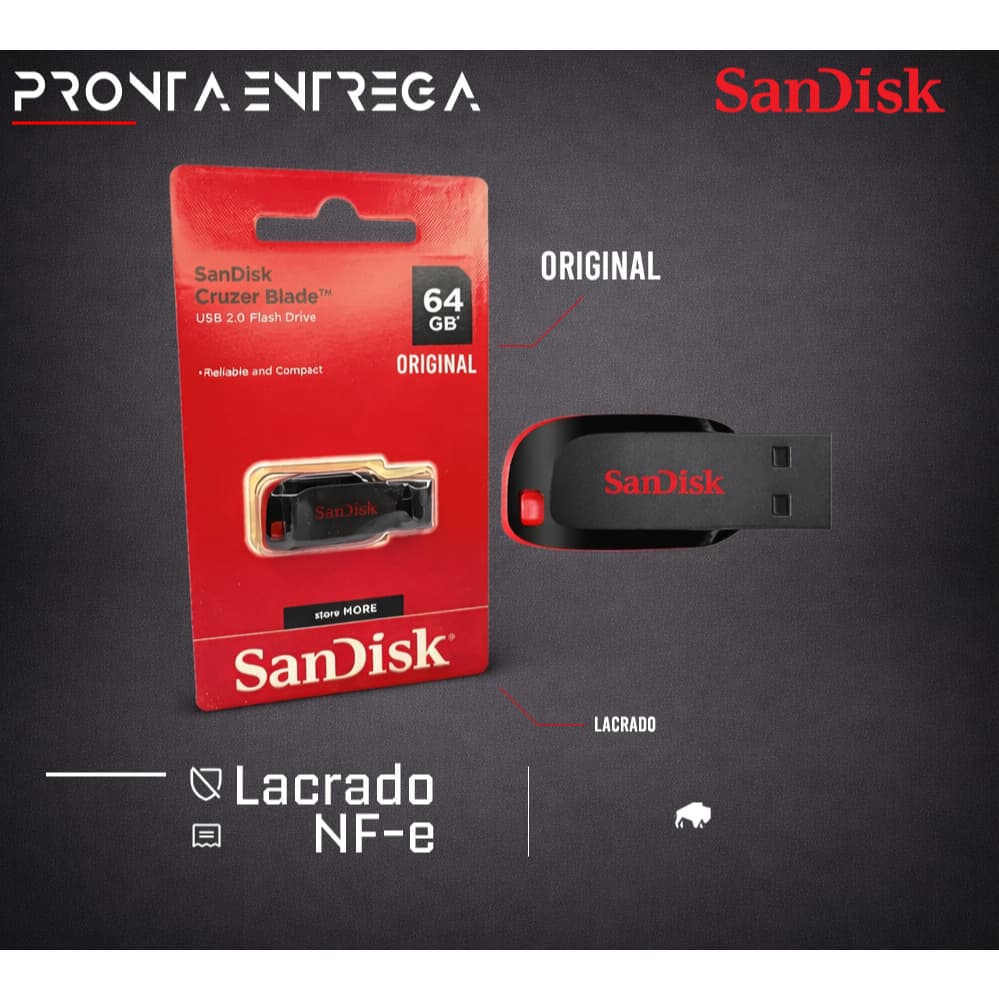 Pen Drive SanDisk 64GB Cruzer Blade 2.0 Original e Lacrado