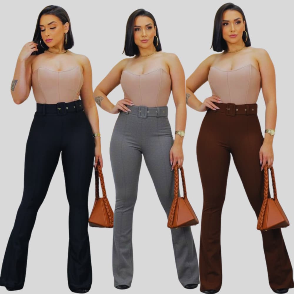 Calça Feminina Flare  com  Cinto Cintura  Alta Modeladora Confortável Tecido Power