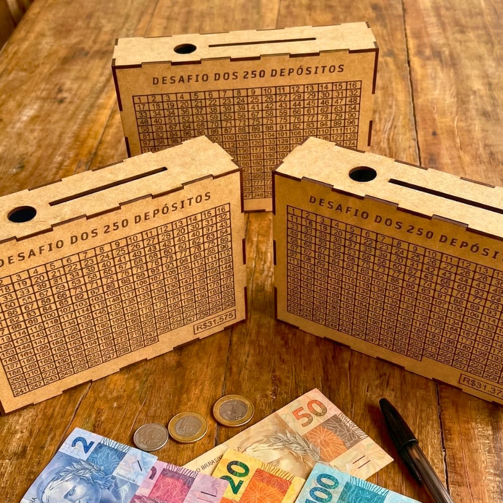 Caixa Cofre Mdf Desafio 5 Mil/ 10 MIL/ 250 depoisto 31 mil depositos  Poupança Cofrinho Woodbox