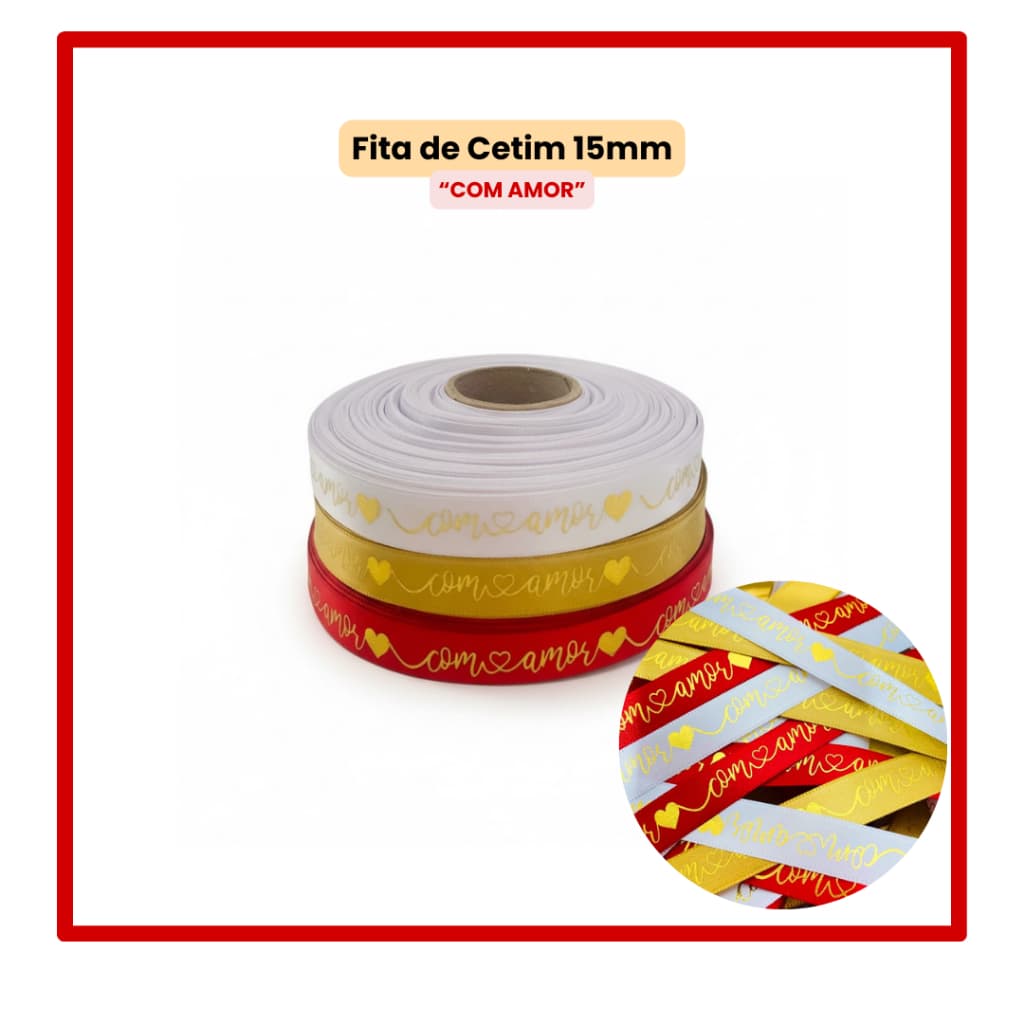 Fita Cetim Decorada 15mm Com Amor para Embalagem