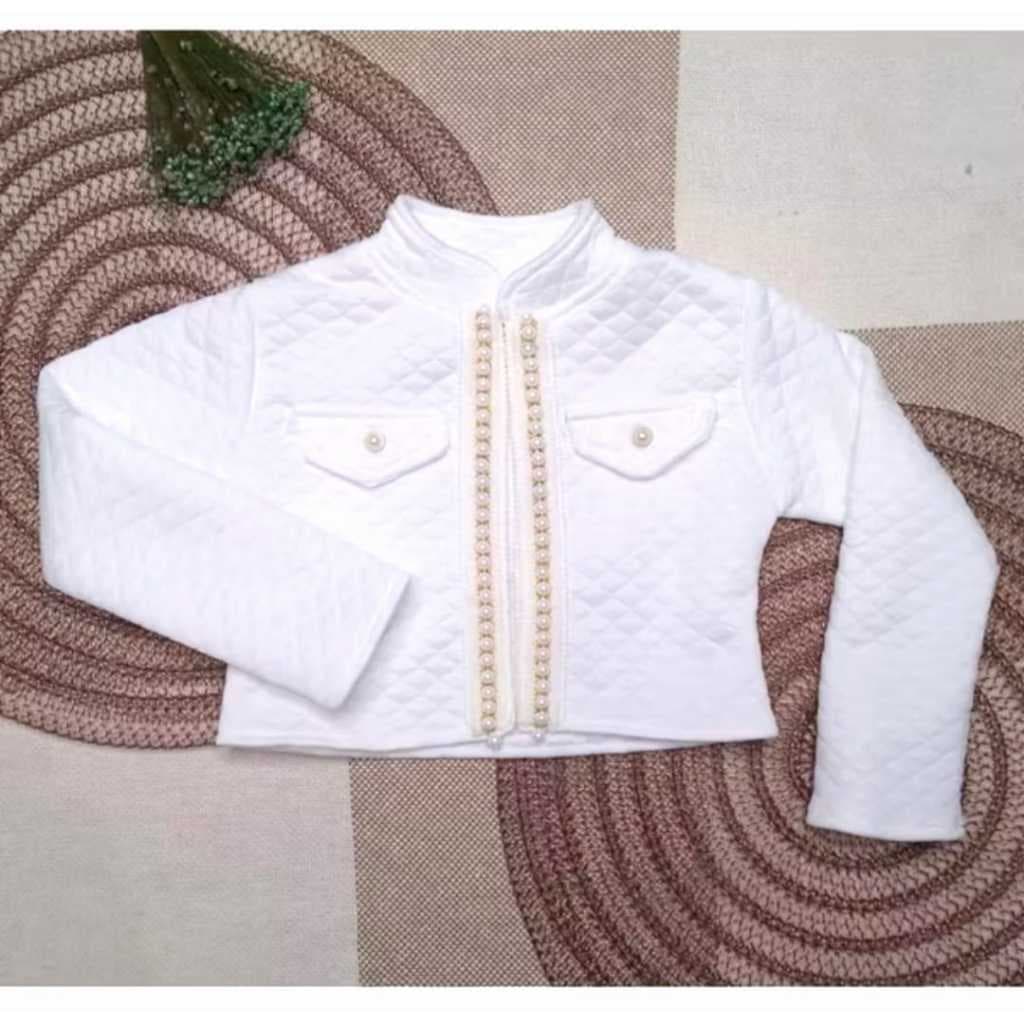Casaco/Jaqueta Bolero Infantil Feminino Inverno Matelassê com Pérolas Menina Elegante