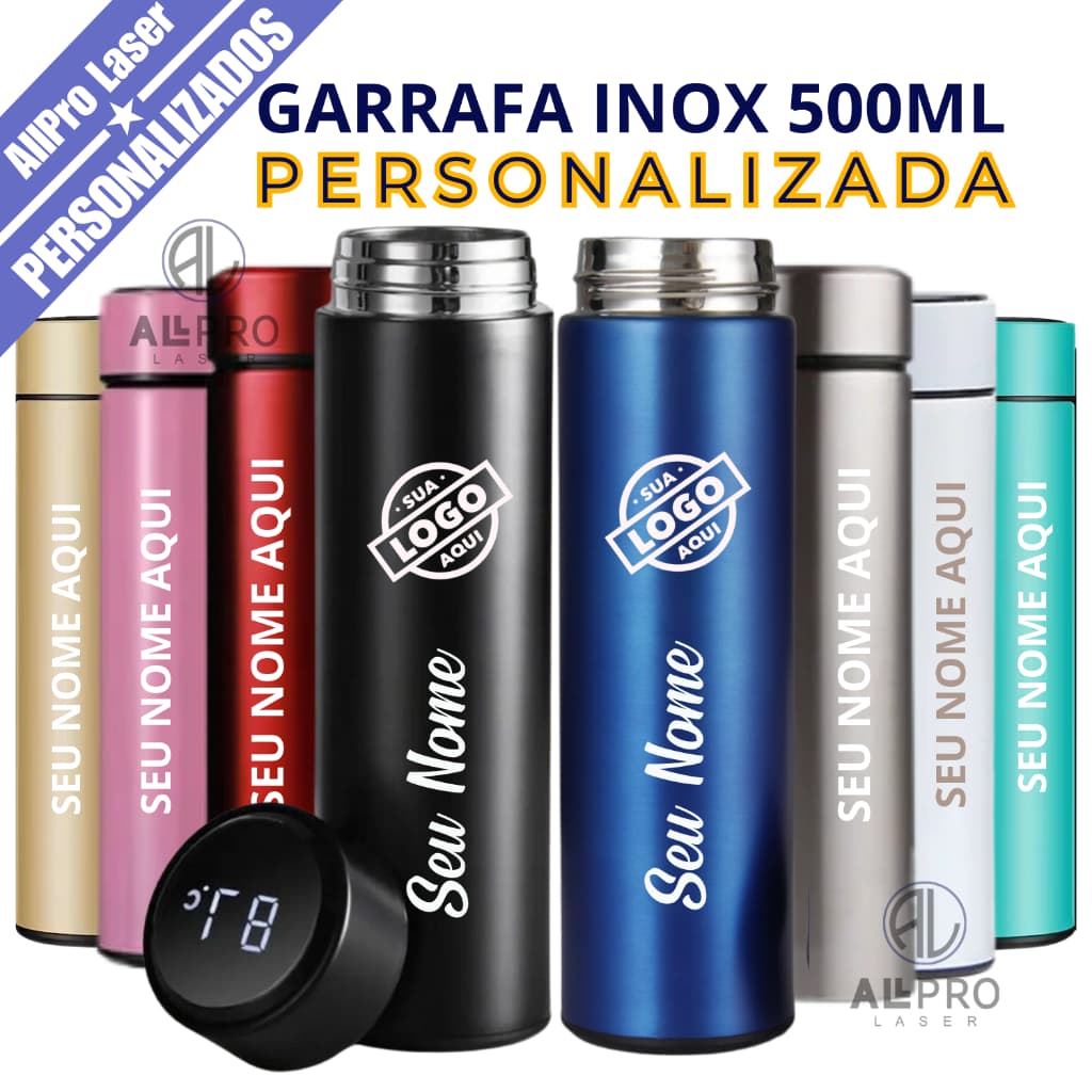 Garrafa Térmica Medidor Temperatura Termômetro LED 500ml Personalizada Logo Nome Times