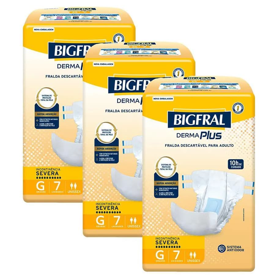 Kit com 3 Fraldas Geriátricas Bigfral Derma Plus Tamanho G 21 Unidades Alta Absorção Uso Adulto
