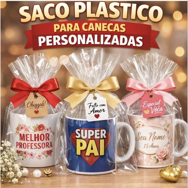 50 unid.Sacola Saco Embalagem Plástica PP Transparente Canecas  Copos Personalizadas/ Lembrancinhas