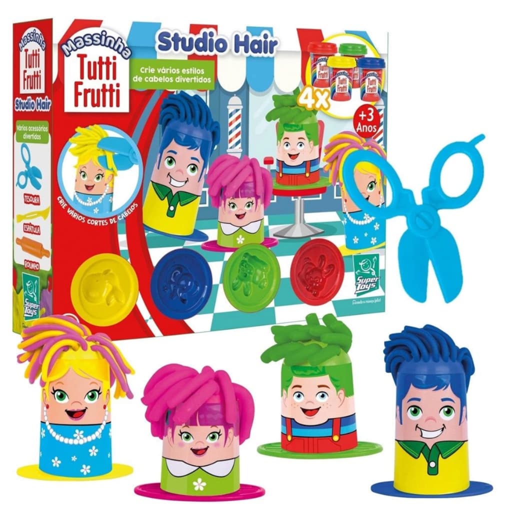 Kit Massinha Cabeleireiro Studio Hair Tutti Frutti Salão De Beleza 4 Bonequinhos Acessórios