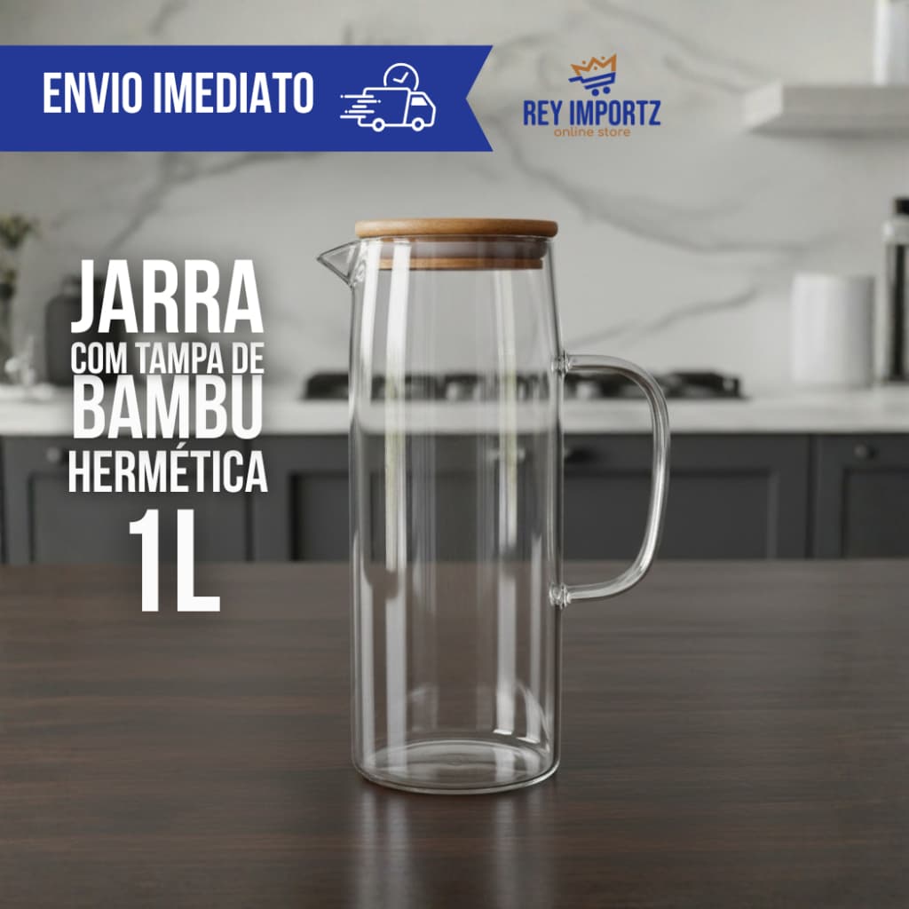 Jarra De Vidro Com Tampa De Bambu Para Servir Suco Água chá 1000ml, 1200ml e 1500ml