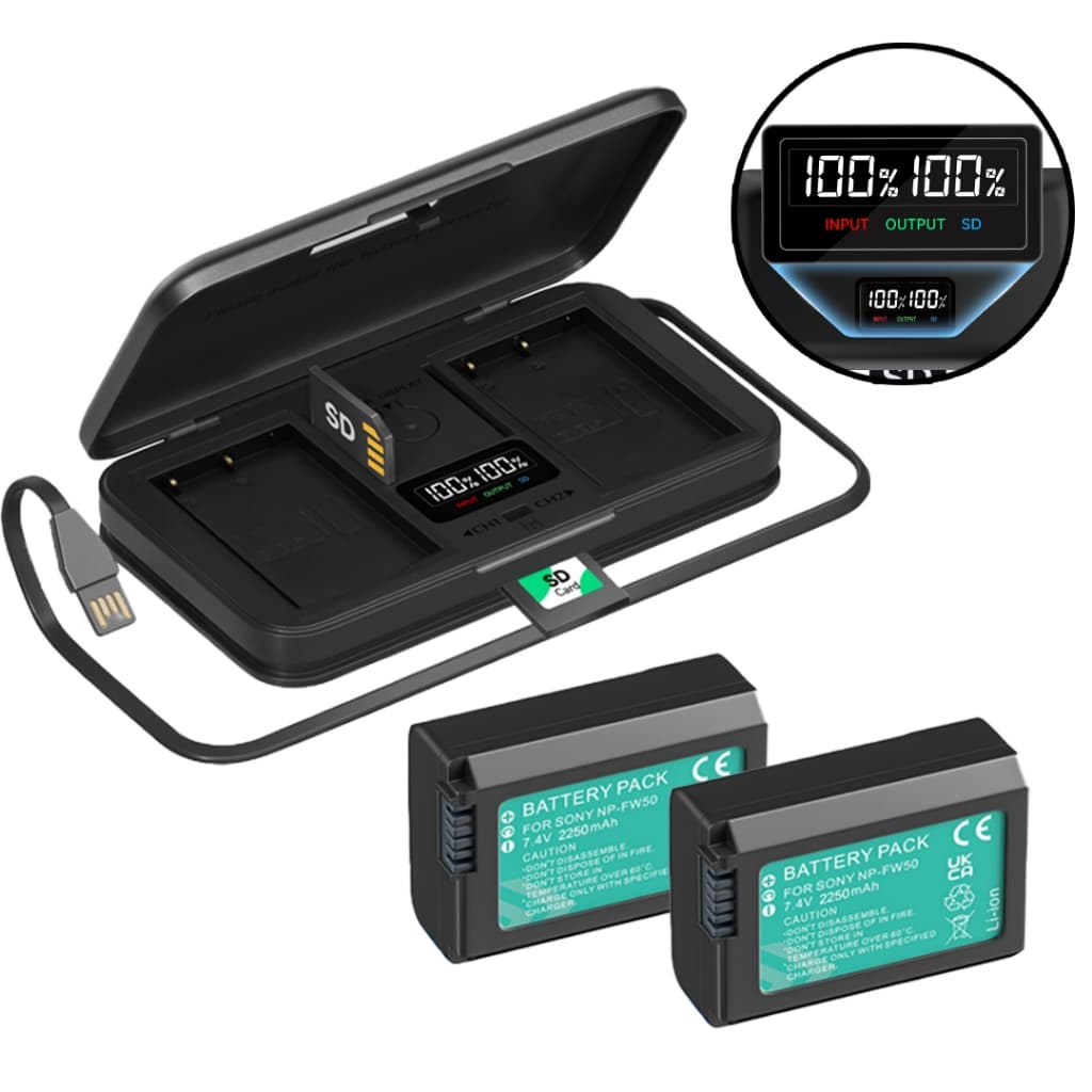 Kit Carregador De Câmera Np-fw50 7.4V 2250mAh 2 Bateria Decodificação Para Sony Zve10 A6100 A6400 A6500 A55