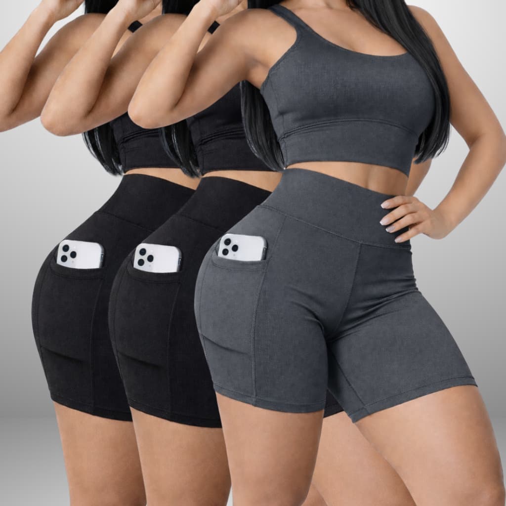 KIT 03 Shorts Fitness com Bolso Duplo Suplex Premium, Corrida Roupa de Treino Cós Alto, Tecido