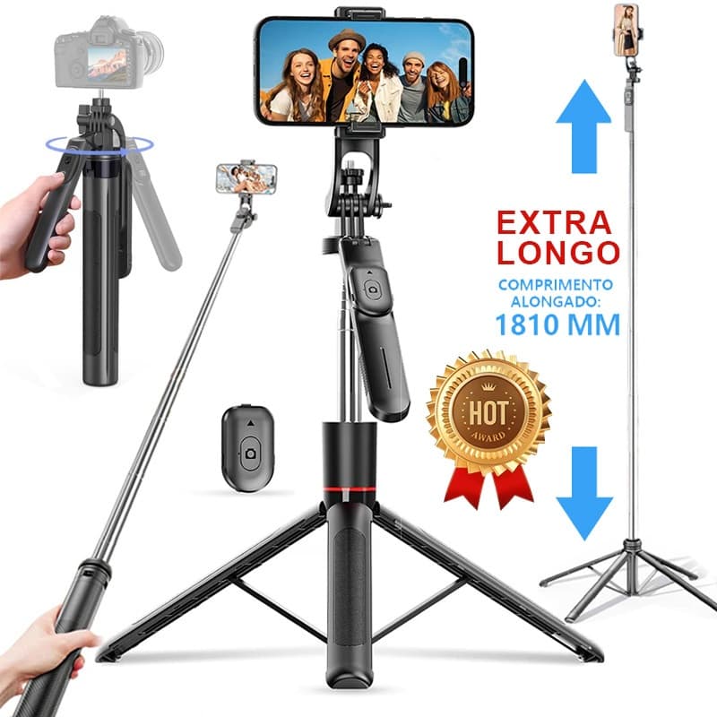 Selfie Stick Tripé 1.7M/1.8M/2M, 4 Eixos 360° Rotação Anti-tremor+ Controle Bluetooth Sem Fio para Vlog