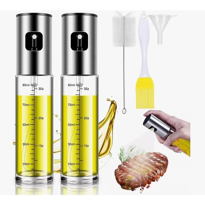 Kit 2 Spray Óleo e Vinagre 100ml Vidro Inox 304 Cozinha com Funil, Pincel Silicone e Escova Limpeza