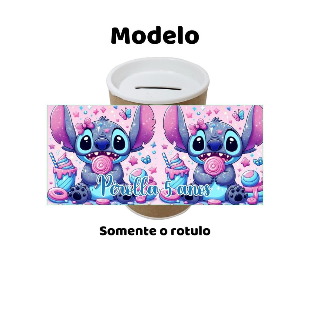 Rótulo adesivo personalizado para cofrinho ou tubolata tema STITCH lembrancinha