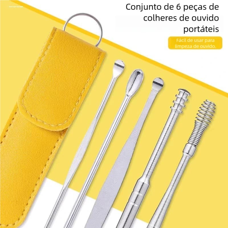 Kit Portátil de Colheres de Cera de Ouvido (6 Peças) - Feito em Aço Inoxidável, Equipamento de Viagem