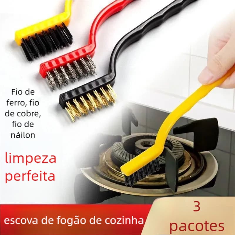 Kit Escova Limpeza Multiuso – 3 UN, Aço Latão Nylon, Forno Grelha Fogão