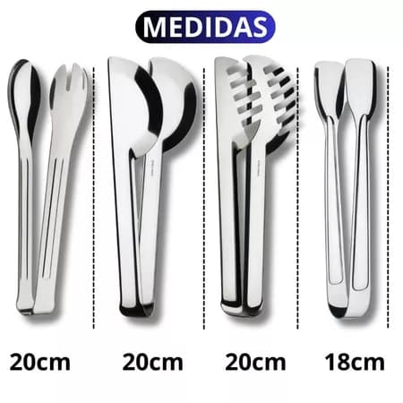 Kit 4 Utensílios para Cozinha Inox Pegador de Massa 20cm Universal 20cm Salada 20cm Gelo 18,5cm