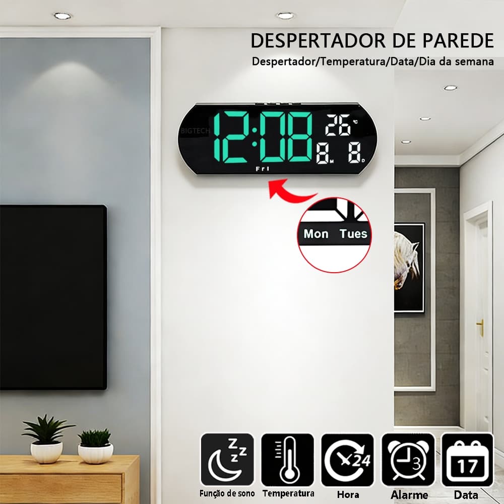 Relógio De Parede Inteligente Com Funções Múltiplas Calendário Digital Temperatura E Hora