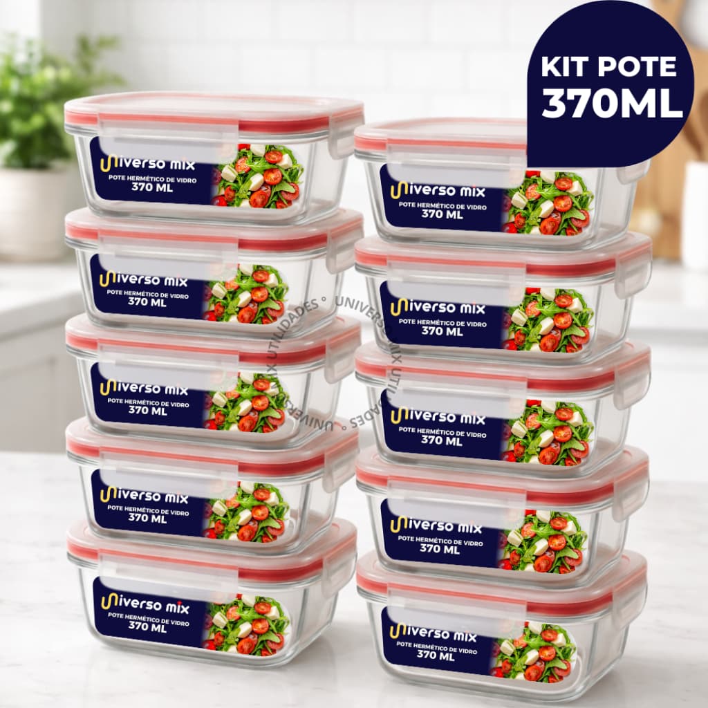 Kit 10 ou 5 Potes Vidro Hermético 370ml Retangular Premium Marmita Fitness