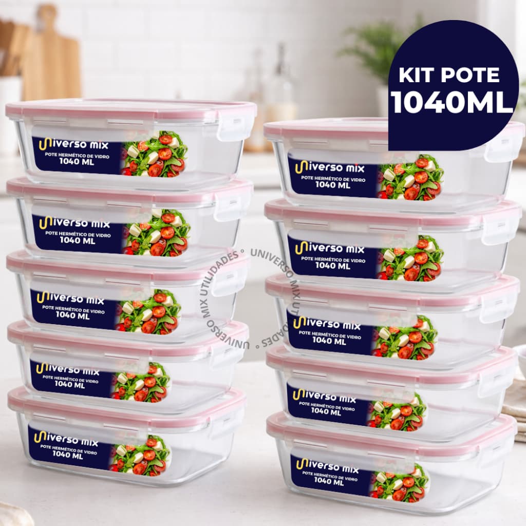 Kit 10 ou 5 Potes Vidro Hermético 1040ml Retangular 4 Travas Marmita Premium