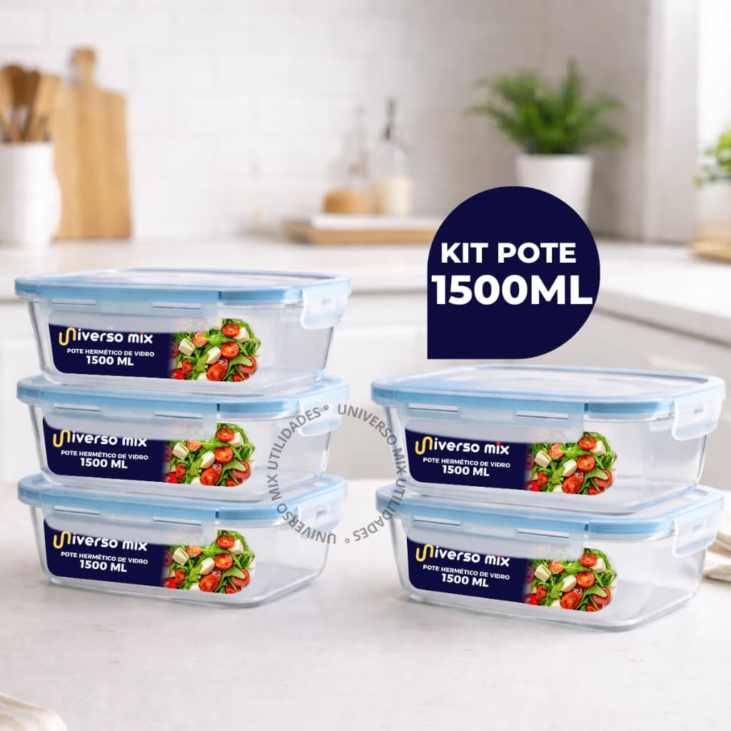Kit 5 ou 2 Potes 1500ml Retangular Vidro Hermético 4 Travas Marmita Premium