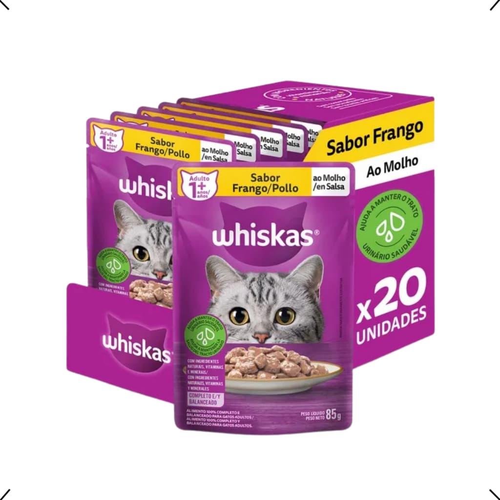 CAIXA SACHE WHISKAS GATO ADULTO FRANGO 85G 20UN