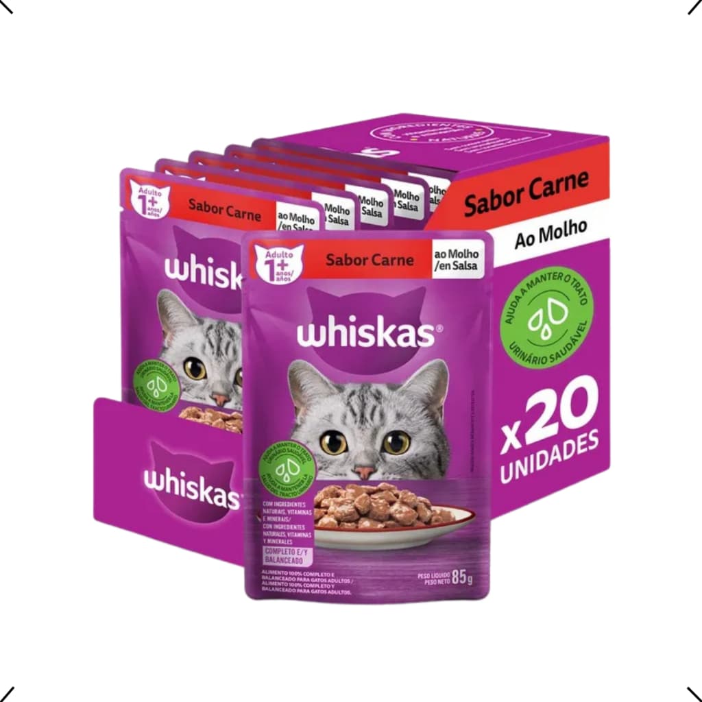 CAIXA SACHE WHISKAS GATO ADULTO CARNE 85G 20UN