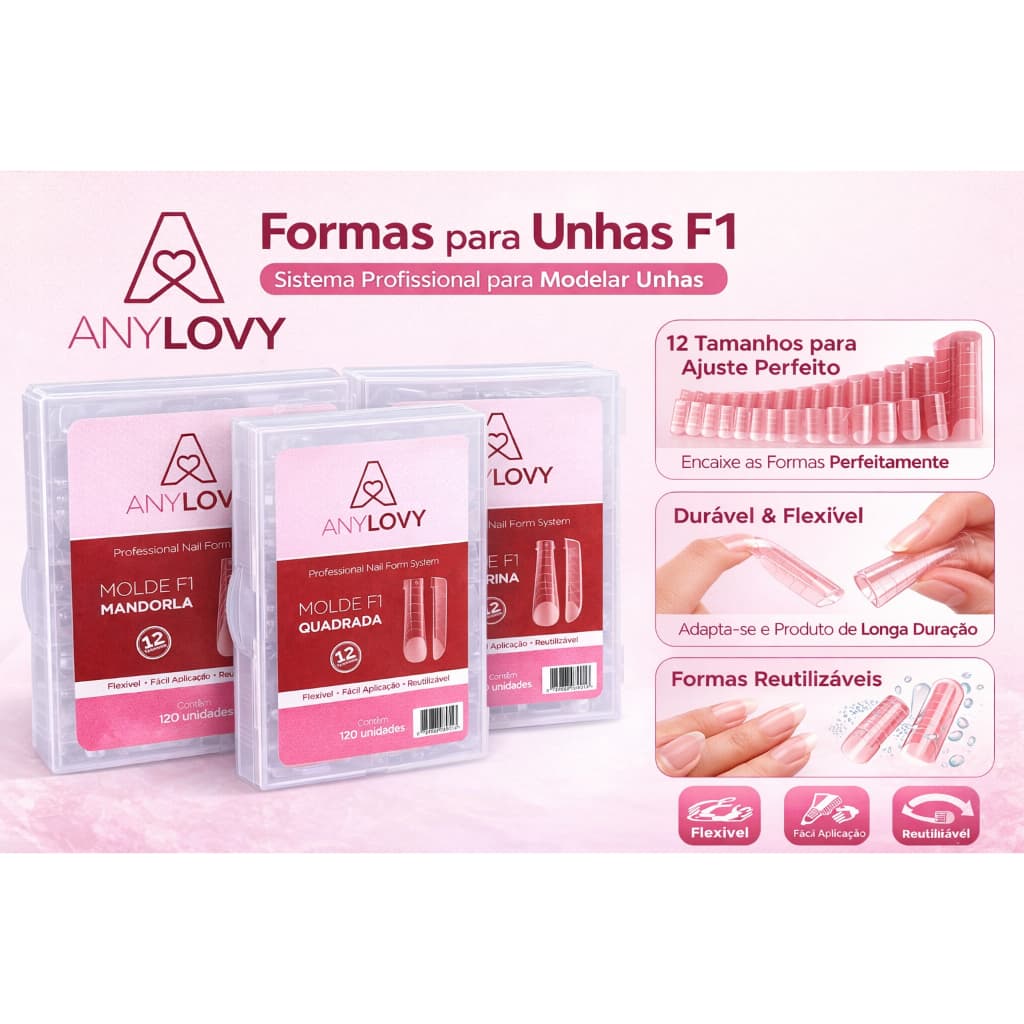 Molde F1 Anylovy BAILARINA Quadrada Mandorla FRANCESA REVERSA Cx/120 Unidades Reutilizável