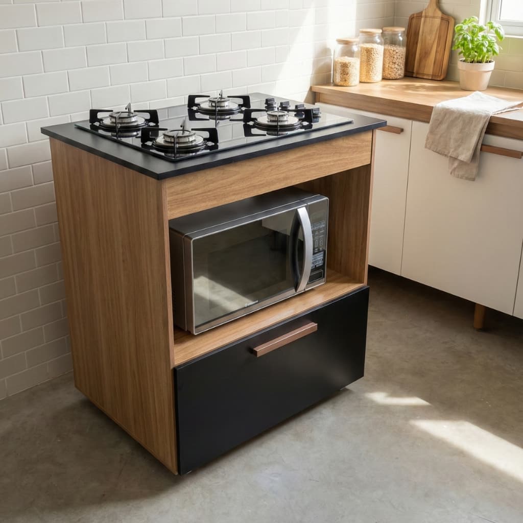 Balcão Isa Cooktop 5 Bocas Cozinha Moderna Compacta Gabinete Armário Fogão Suporte Microondas Porta