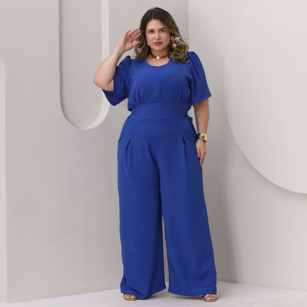 Macacão Longo Feminino Decote V Acinturado Plus Size Calça Pantalona Social Soltinho Casual