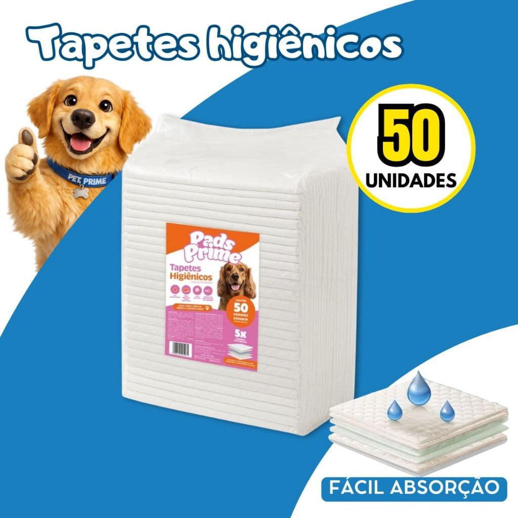Tapete Higiênico Descartável Ultra Absorvente Pets Cães Cachorro PADS PRIME 80X60 50UN