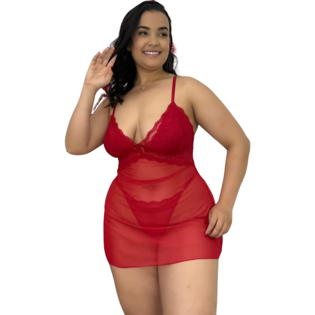 Camisola PLUS SIZE Feminina com a Costa Nua feita em Tule - Acompanha Calcinha!