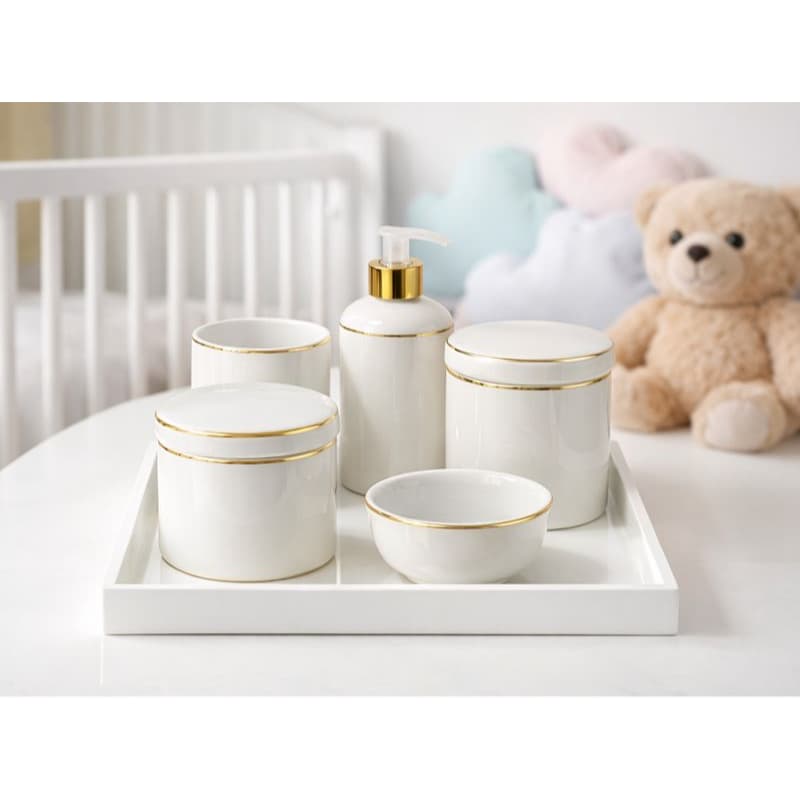 Kit Bebe Porcelana Higiene Filete Ouro Luxo Delicado Elegante