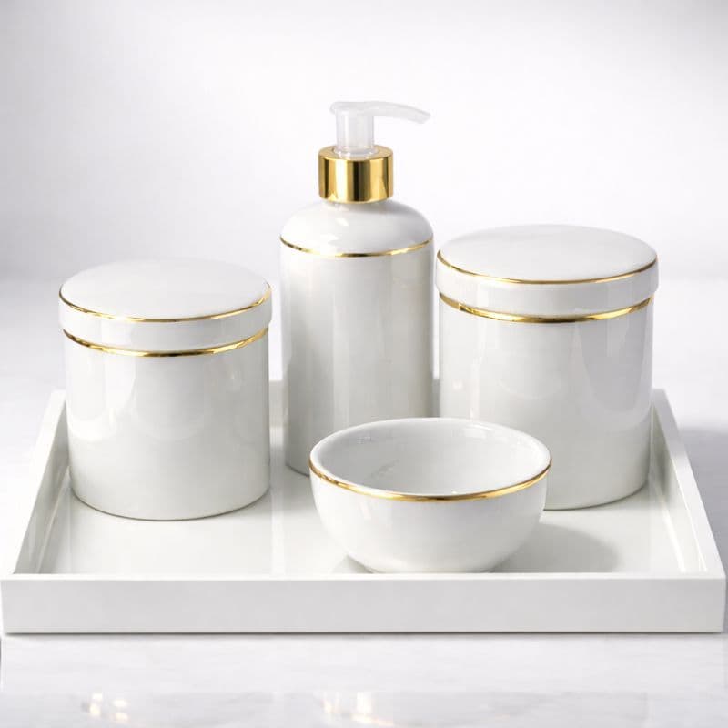 Kit Bebe Porcelana Filete Ouro Bandeja 4Pçs Higiene Delicado