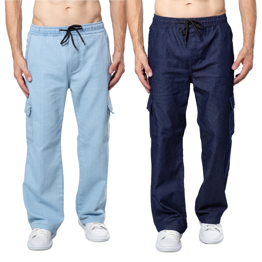 Combo 2 Calça Cargo Sarja Streetwear Estilo Largo Balão Com Elástico e Cordão