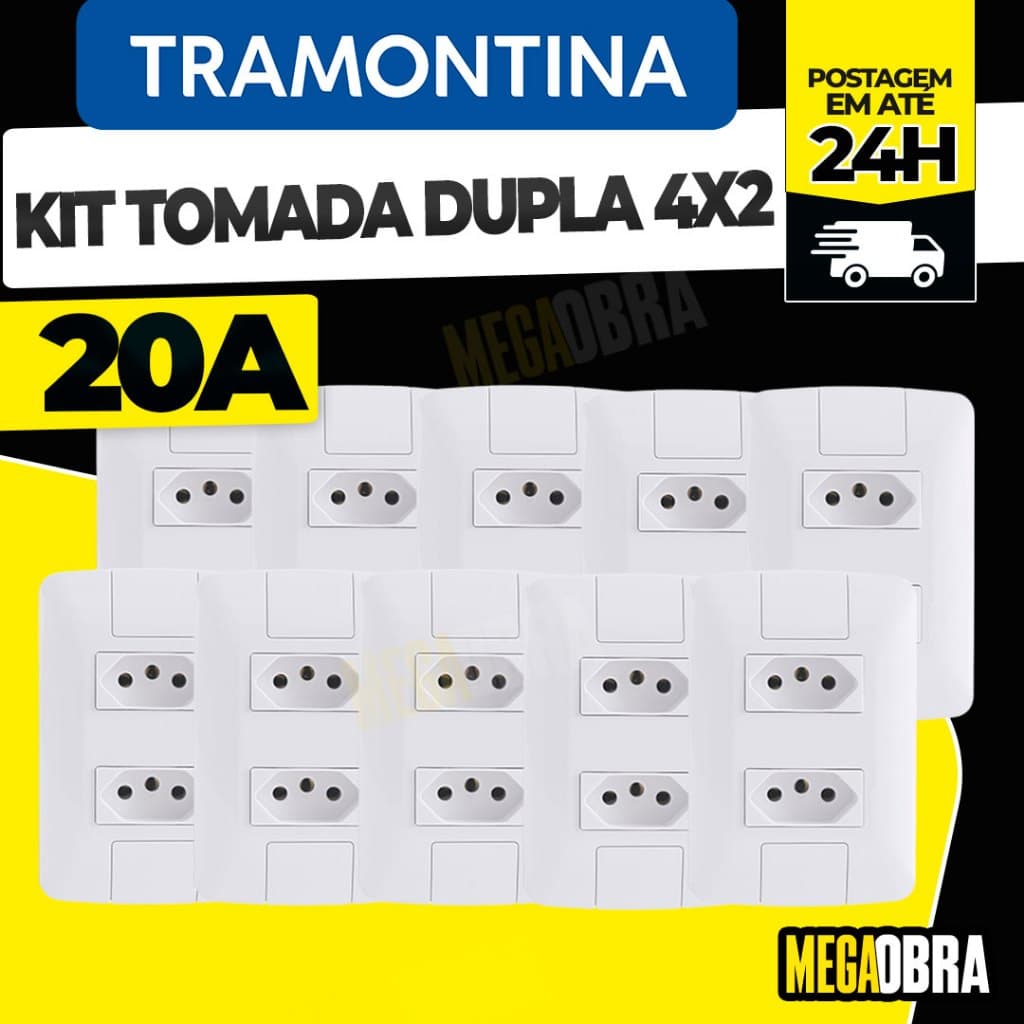 Kit Tomada Duplas 20A Tramontina Linha Aria 4x2 Modular Tomada 20 Amperes Dupla Pino Grosso