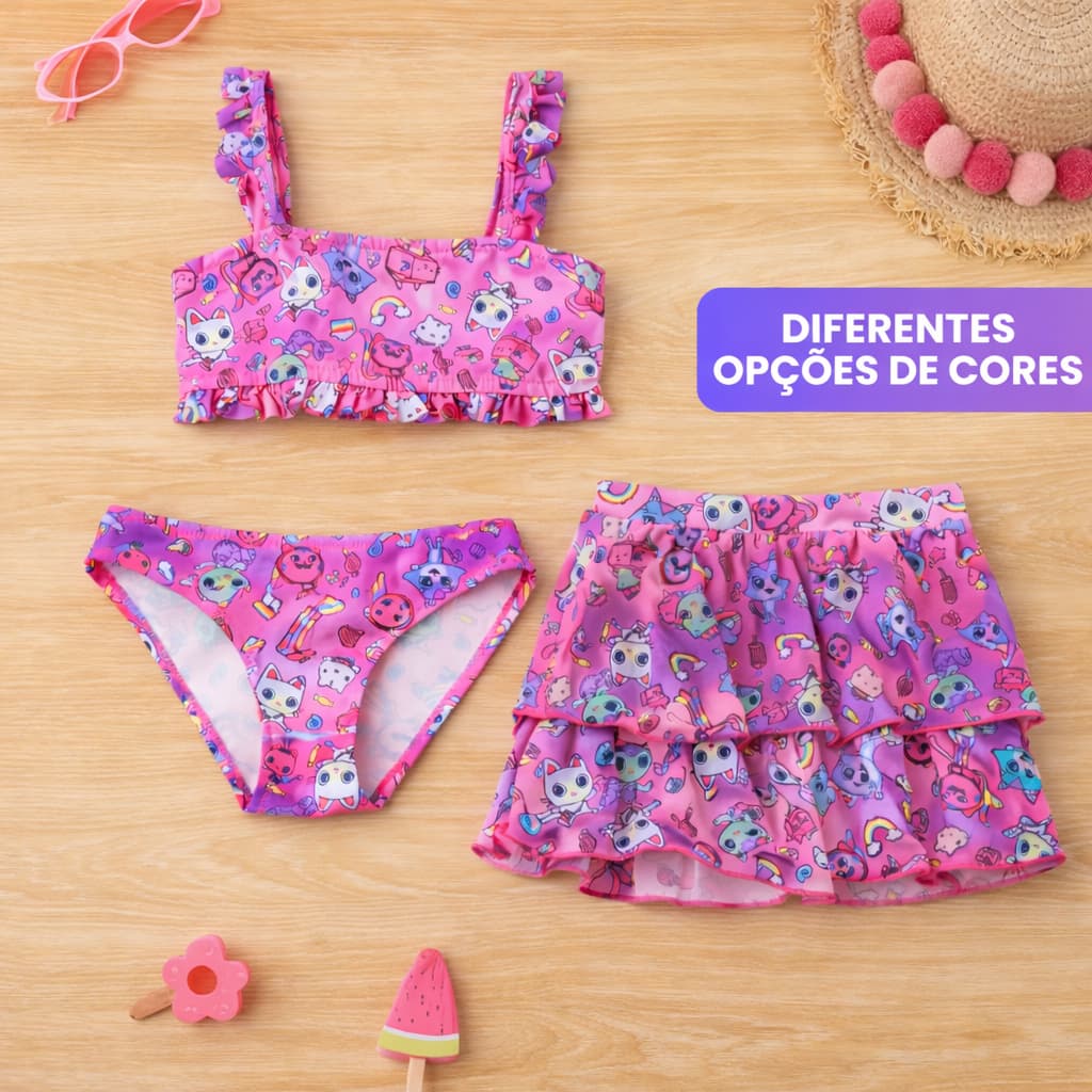 Conjunto 3 Peças Triquini Biquíni Infantil Saia Saída Praia Traje Banho Juvenil Estampa Gatinho