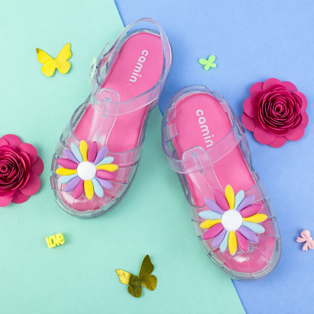 Sandália Infantil Menina Confortável Transparente Aplique Margarida Promoção Camin