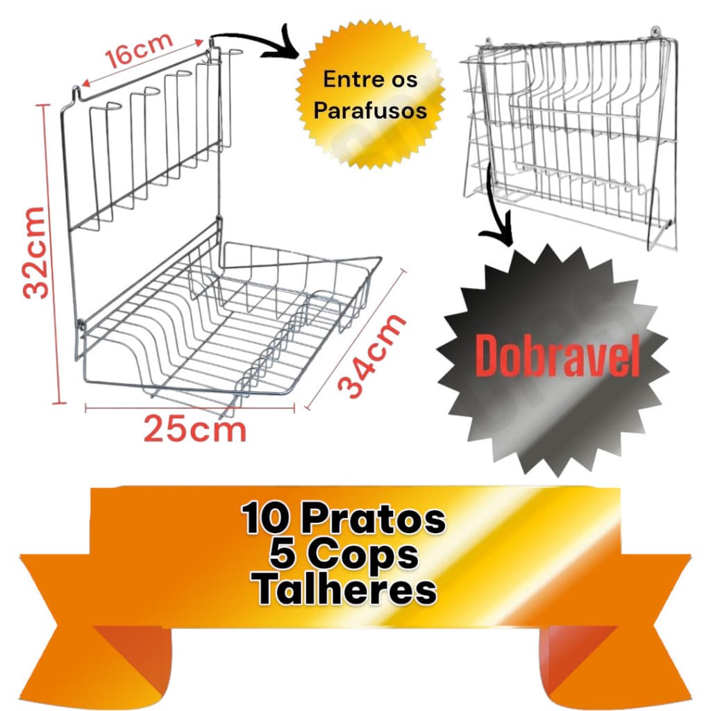Escorredor de Pratos Suspenso de Parede dobravel Resistente Aço para10 Pratos 5 Copos E Talheres