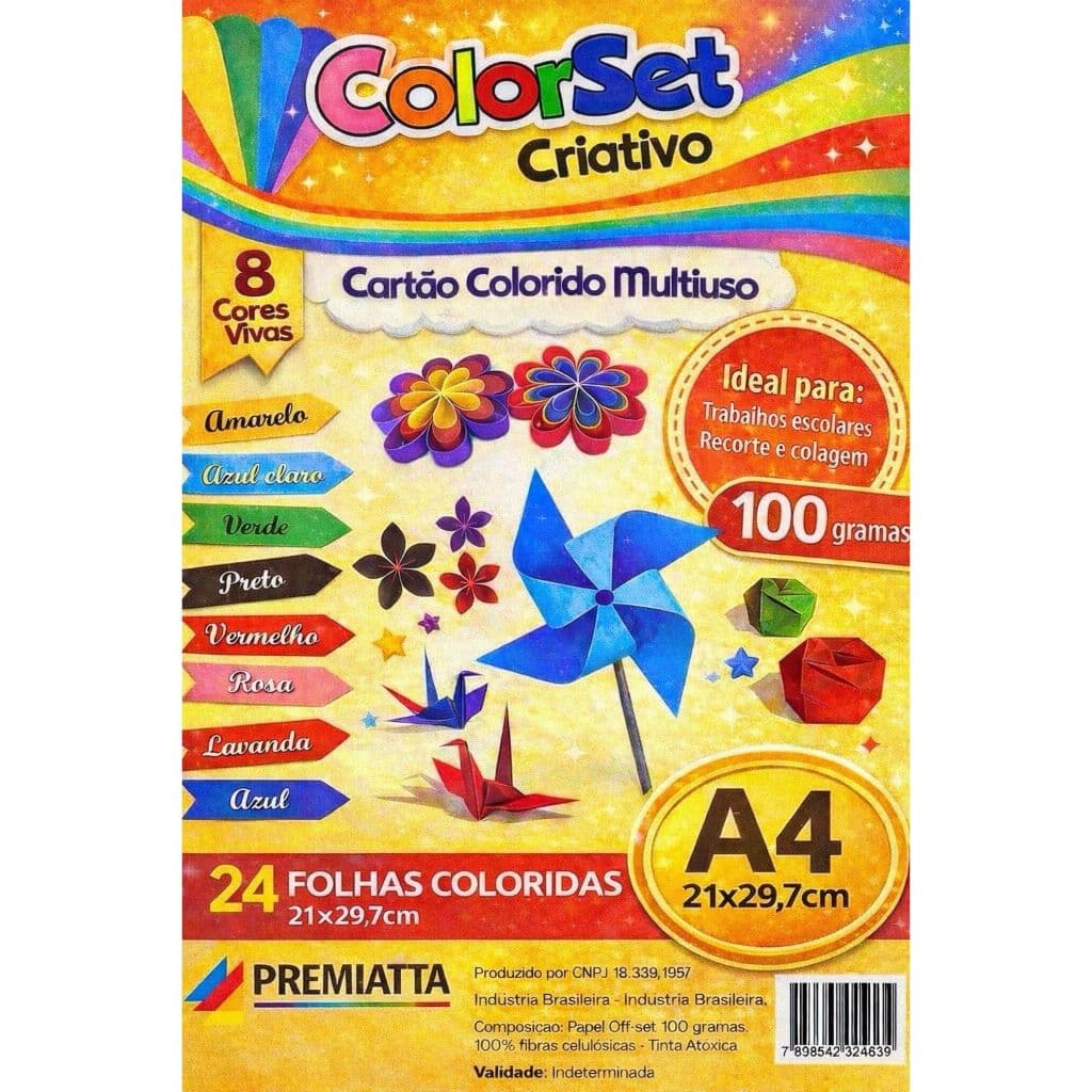 Kit 24 Folhas Cartolina ColorSet Criativo A4 100g | Cores Vivas Sortidas para Escola, Origami