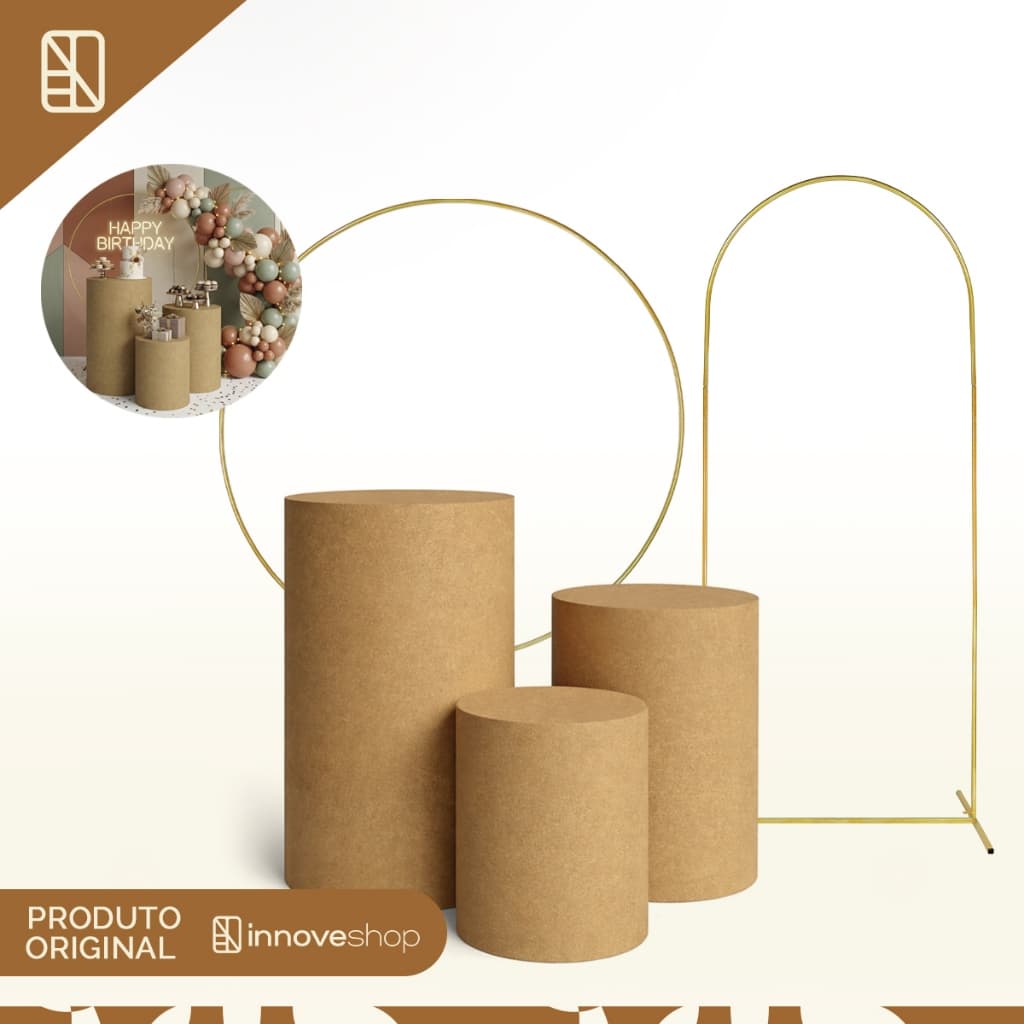 Kit Pegue Monte Kit Mesas Cilindro MDF + Arco Redondo 1,5 e Painel Romano 2x1 Desmontável Festas