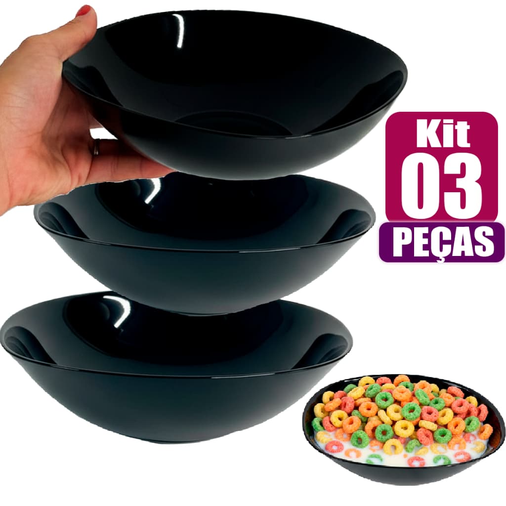 Kit Jogo de 03 Tigelas Quadrada Bowl Preta Black Opaline 1,4 Litros Resistente