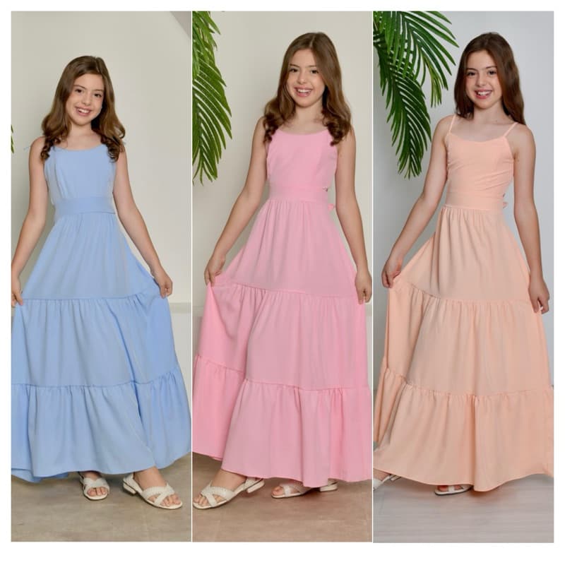 VESTIDO LONGO INFANTIL MENINA JUVENIL LISO LAÇO ALCINHA DE AMARRAR REGATA 3 MARIAS