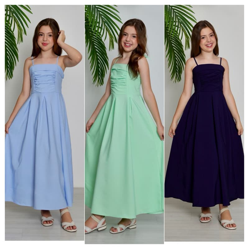 VESTIDO LONGO INFANTIL MENINA JUVENIL LISO ALCINHA DE AMARRAR REGATA FRANZIDO