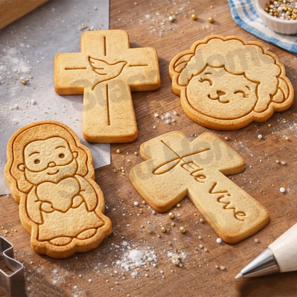 Kit Cortador Marcador - Com Puxador - Forma Biscoito Cookie PÁSCOA CRISTÃ - Cordeiro - Jesus - Ele Vive 01 - 4pçs