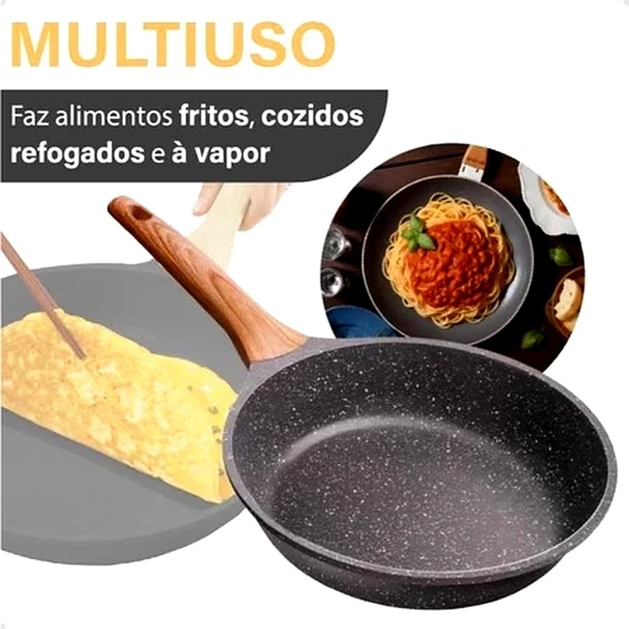 Frigideira Antiaderente de Alumínio Revestimento Cerâmico Premium Funda Cabo Madeira Não Gruda 24/28